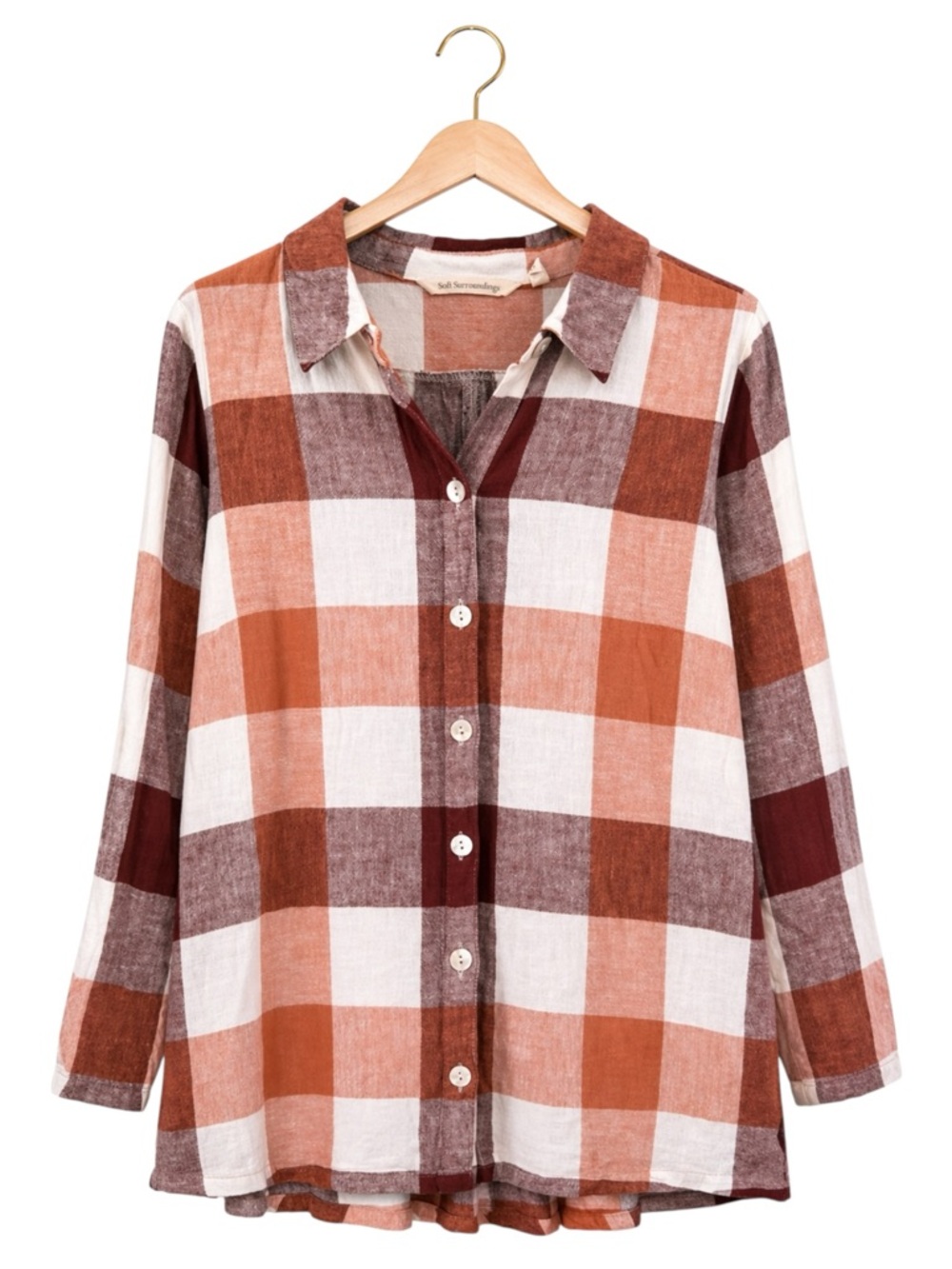 Soft Surroundings Carreaux Plaid Linen Blend Button Shirt Rustic Mango M Relaxed